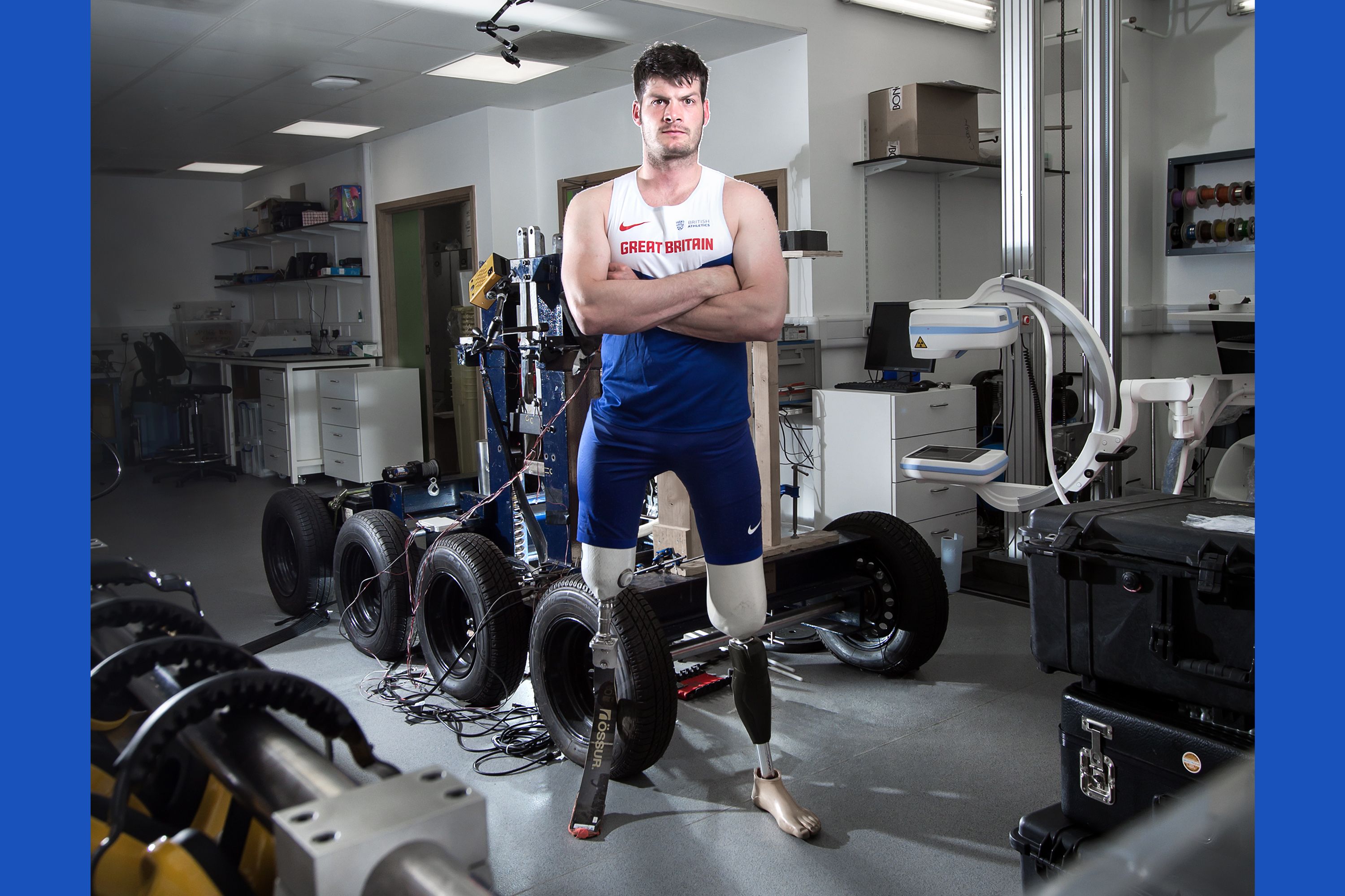 A man in a Great Britain top with artificial legs