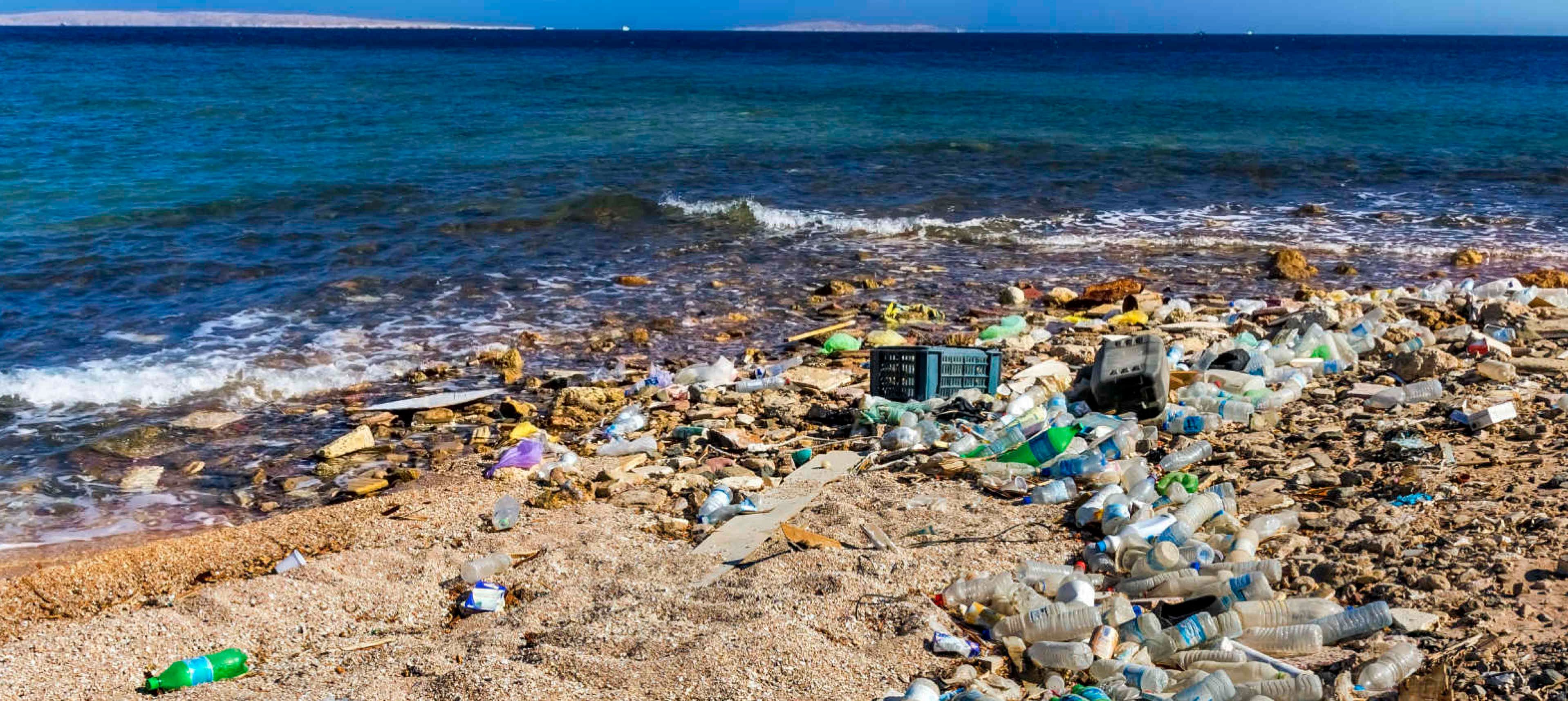 the sea and a beach littered with plastic bottles 