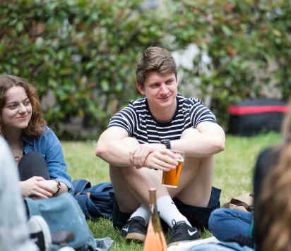 Students talking in Beit Quad