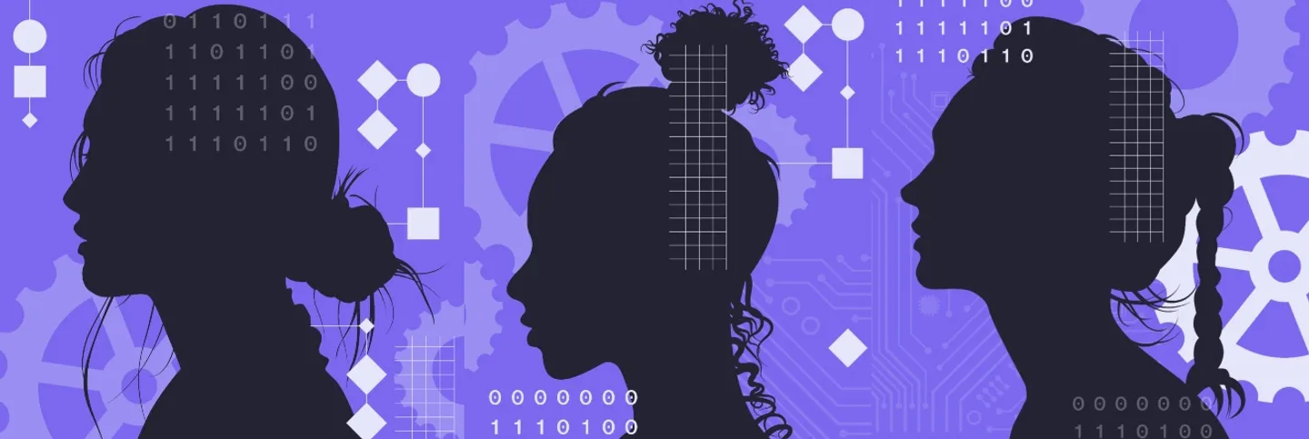 Women's profiles in silhouette on an engineering themed illustrated background