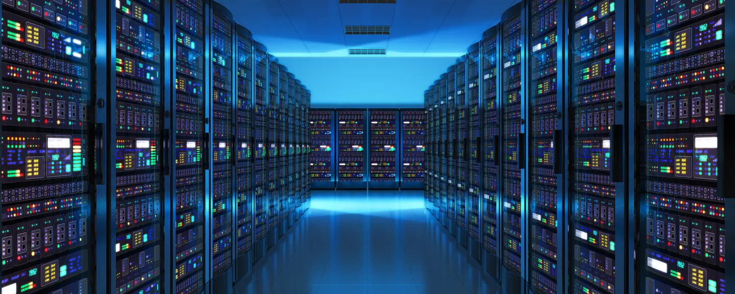 A blue-lit room filled with servers