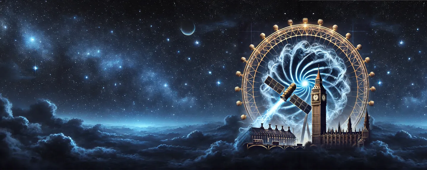 Illustration of a satellite flying in front of Big Ben and the Houses of Parliament