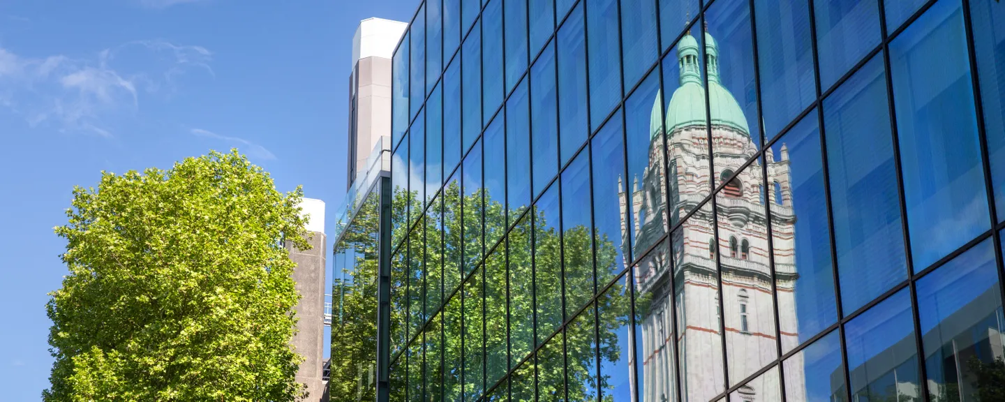Reflection of the Queen's tower on the South Kensington campus