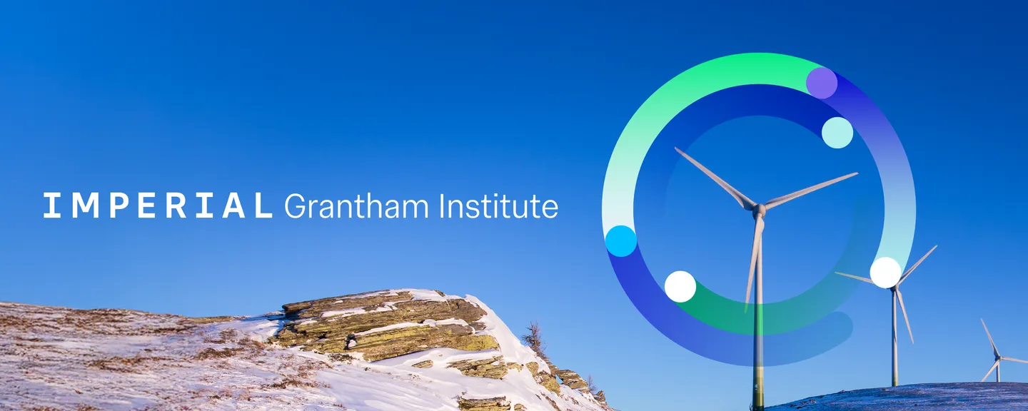The Grantham Institute logo superimposed over an image of a snowy hillside with wind turbines.