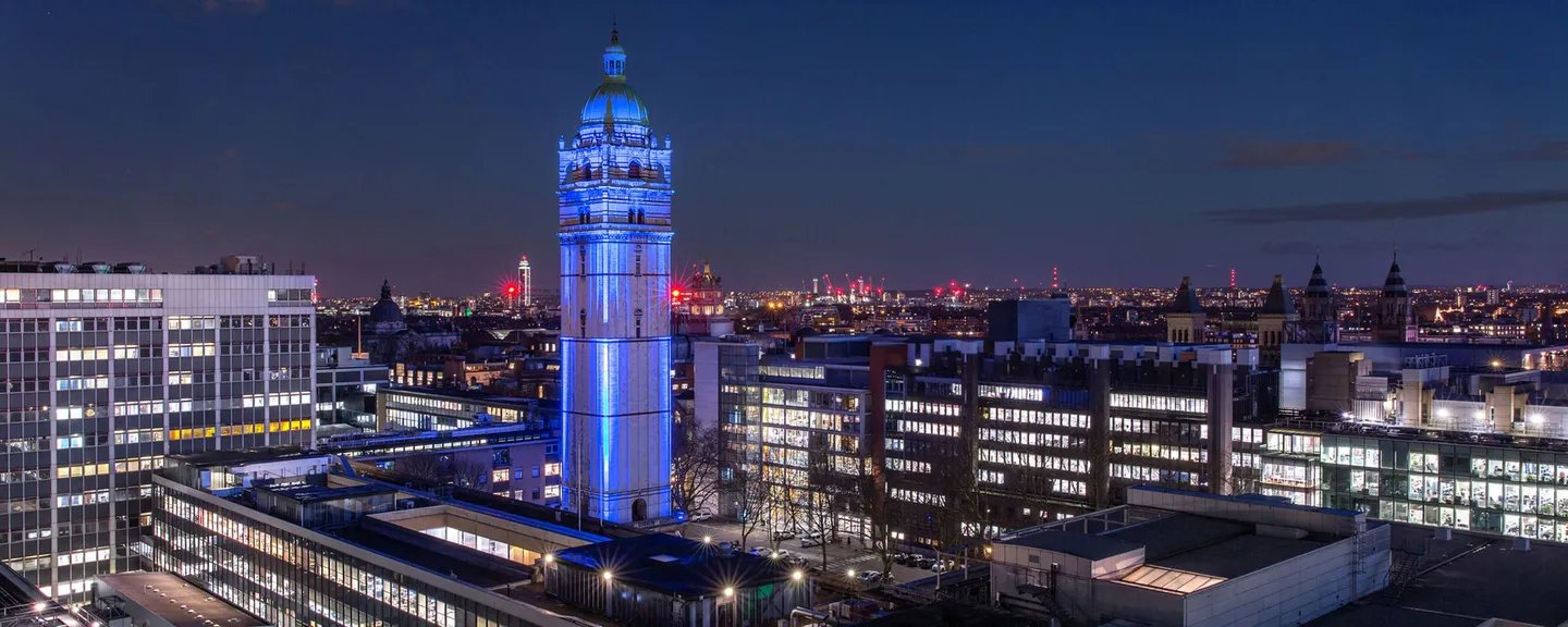 Aerial shot of South Kensington campus at night.