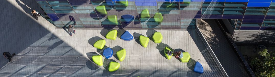 Aerial view of blue and green seating in Dalby Court