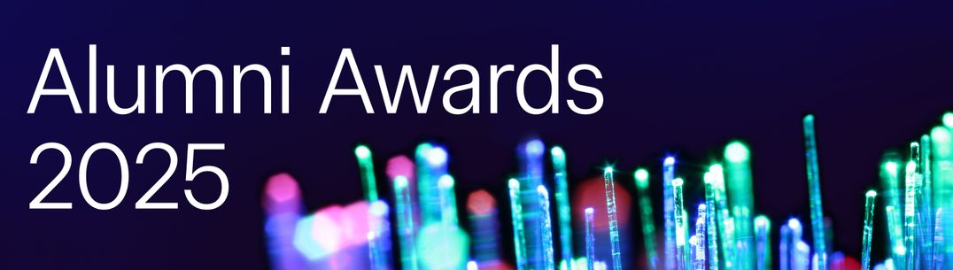 Alumni Awards 2025 over a fibre optic background