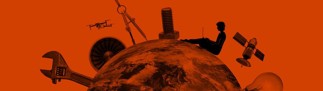 Orange background with world globe in foreground and icons related to engineering
