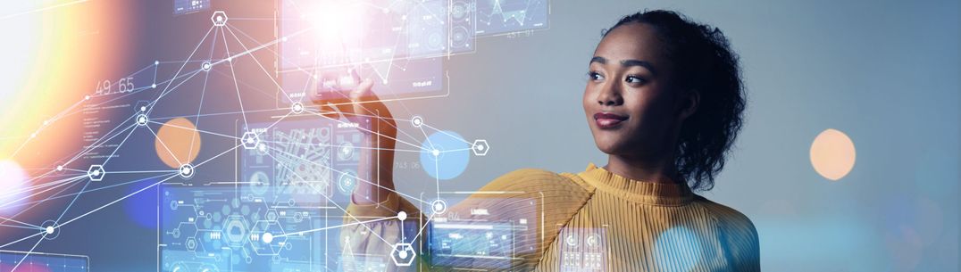 Woman using virtual computer 3000x850