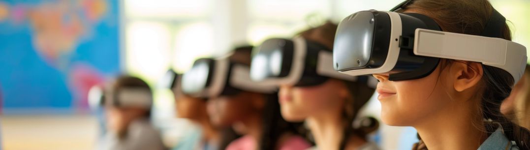 ai-generated image of students sat in a row wearing virtual reality headsets