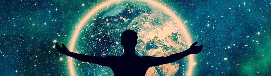 A silhouette of a woman is stood arms open in front of a edited depiction of the Earth which appears connected by a vast digital network