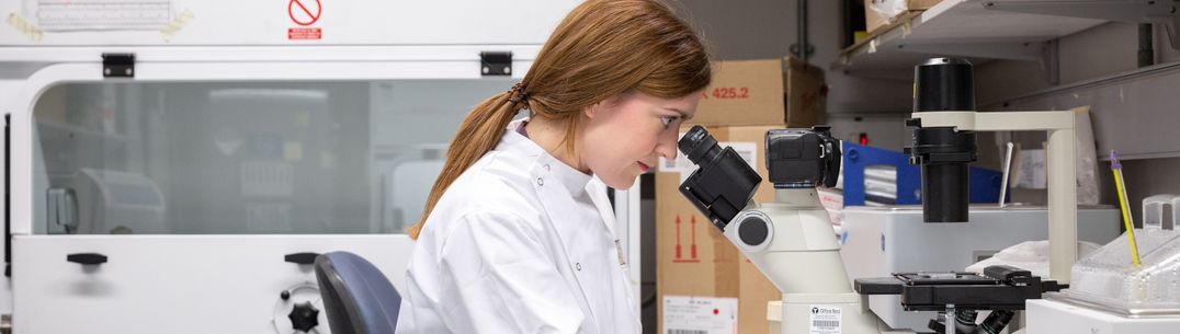 A picture of a researcher looking into a microscope