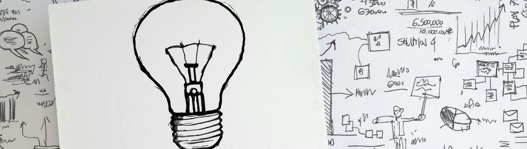 Illustration of a lightbulb and ideas drawn on a whiteboard