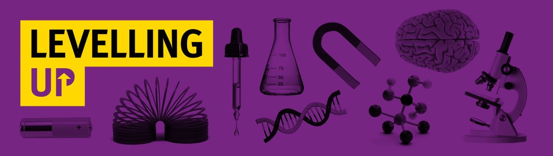 The words 'Levelling Up' appear against a purple background. In black against the background are various tools used in science activities i.e. a beaker, a pipette, a magnet etc.