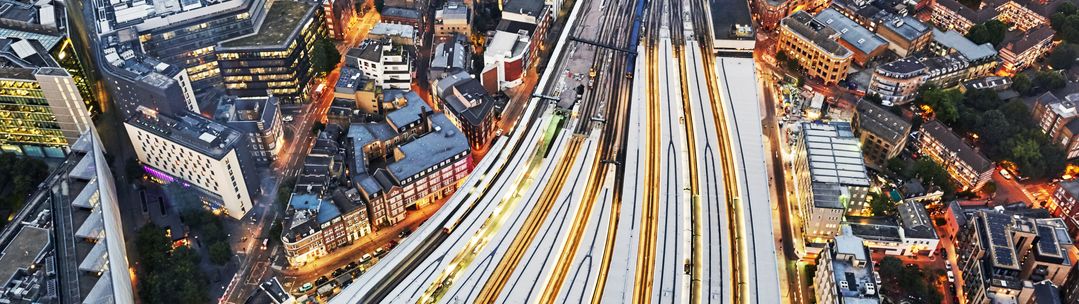 Aerial view of train tracks entering London