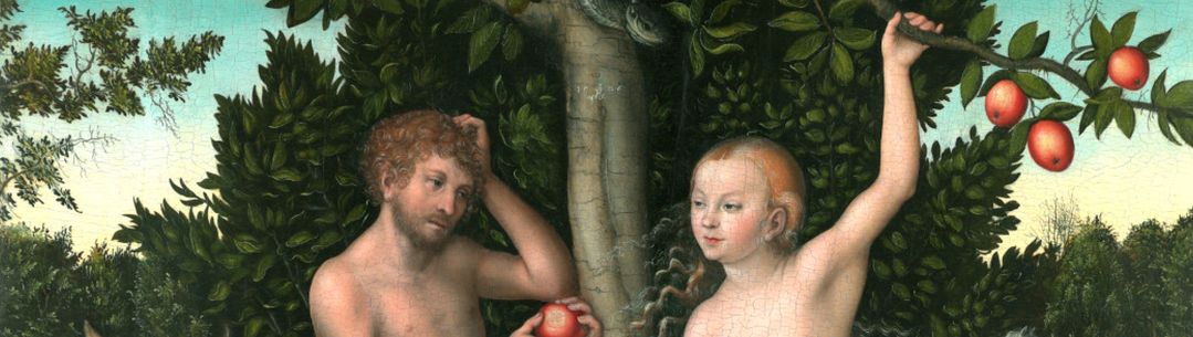 A painting of Adam and Eve in the garden of Eden by artist Lucas Cranach