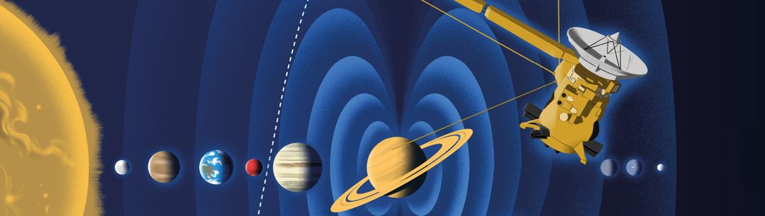 An illustration showing the sun and planets of the Solar System with the Cassini spacecraft