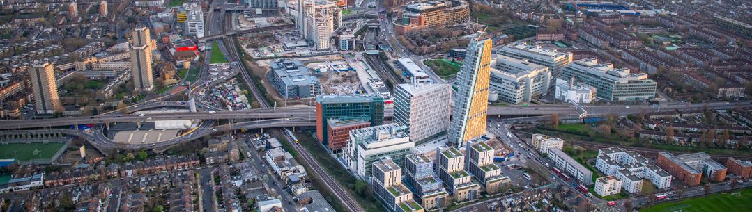 An aerial photo of the White City Campus