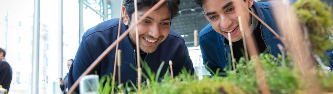 Students in hackspace looking at plant sample