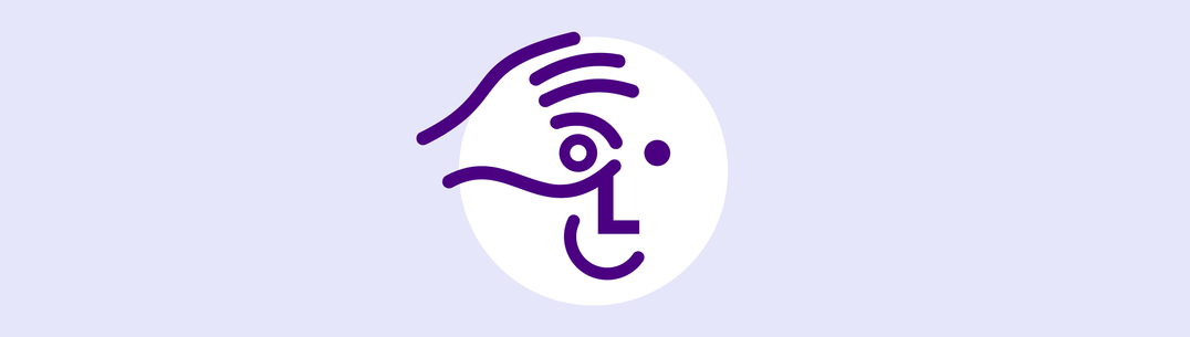 Smiling face graphic with a hand over the eye
