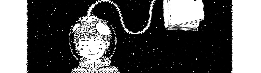 Black and white drawing of a person in space, with their space helmet connected to a book