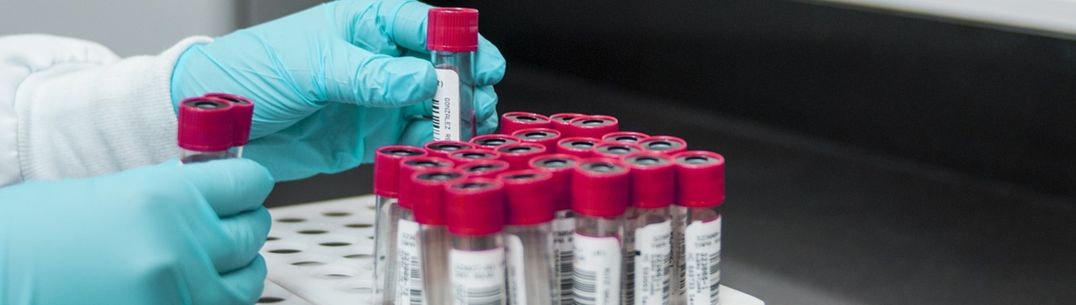 Image of hand holding test tubes in laboratory