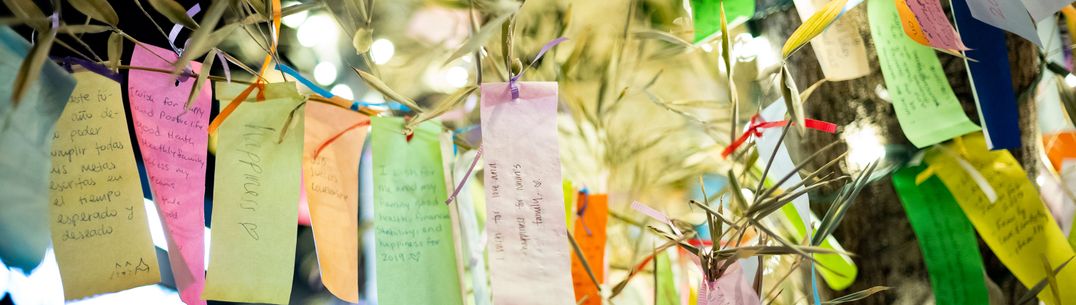 Wishes written on Tanzaku, small pieces of paper, and hung on a Japanese wishing tree, located in the Little Tokyo section of Los Angeles, California, photographed at an outdoor mall at night