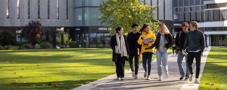 Group of students walk across a path surrounded by greenery