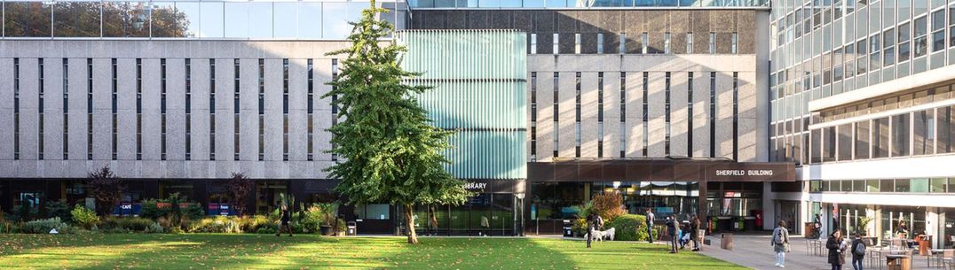 Queen's lawn view of the library in sunshine.