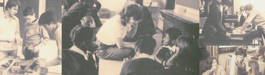 A collage of sepia-toned photos, depicting various teaching and tutoring between leaders and young people. There are various tools and papers on the tables, suggesting they may have made something, or taken part in an experiment.