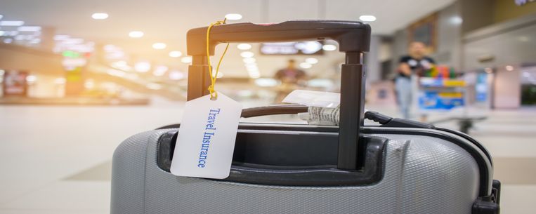 Main page photo of a suitcase with a label  titles Travel Insurance