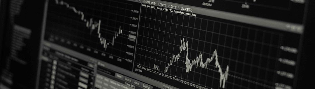 Image of a computer monitor with stocks and shares and trading graphs 