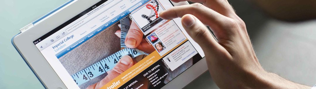 View of someone searching the Imperial College London webpages on a tablet device