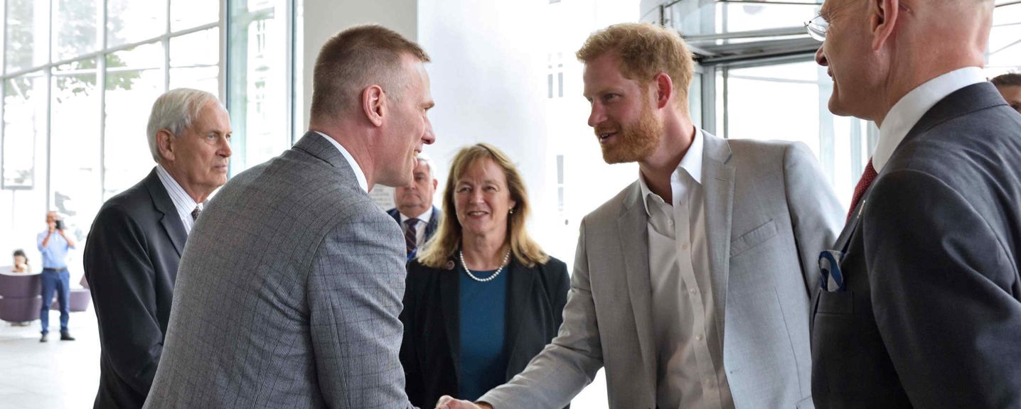 Professor Anthony Bull welcomes The Duke of Sussex during his visit to Day 1 of the Blast Injury Conference.