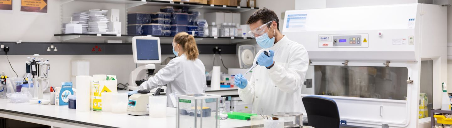 Two researchers in a lab pipetting