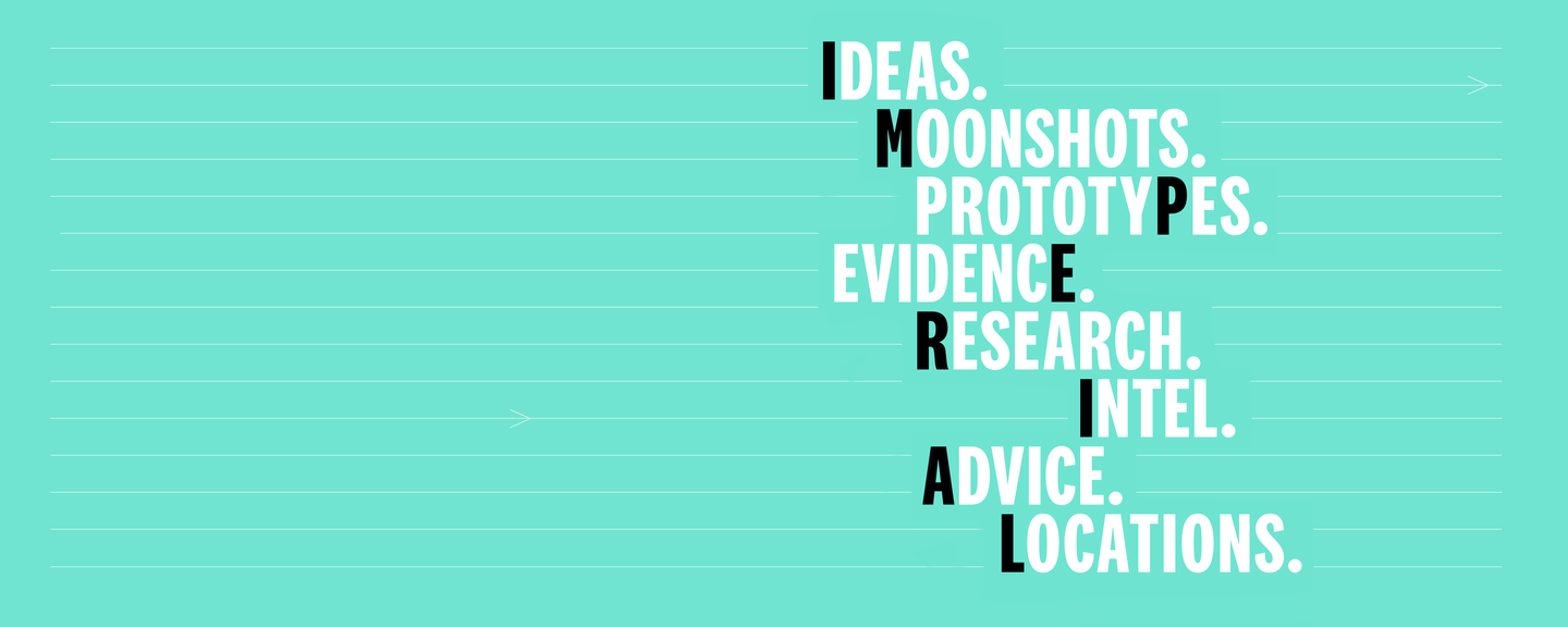 Ideas. Moonshoots. Prototypes. Evidence. Research. Intel. Advice. Locations