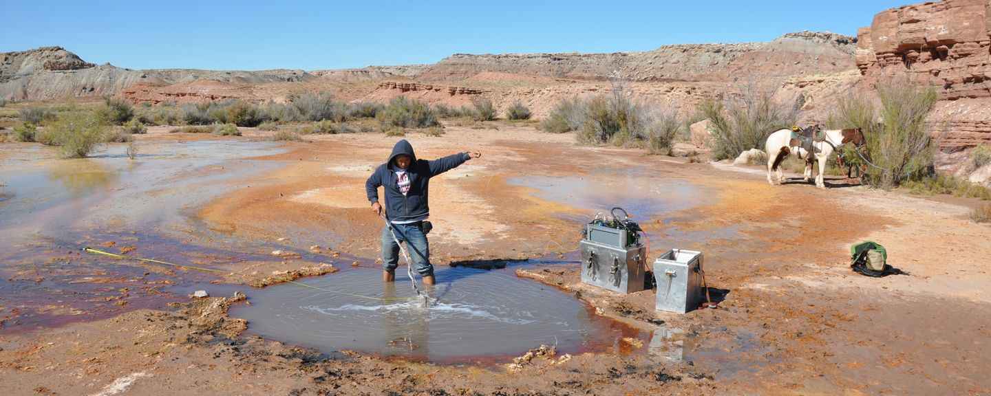 Student measuring CO2 flux from a spring