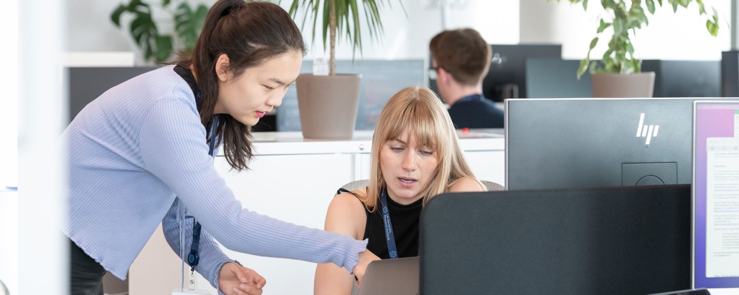 Two early career researchers having conversation, both looking down at laptop screen in front of them