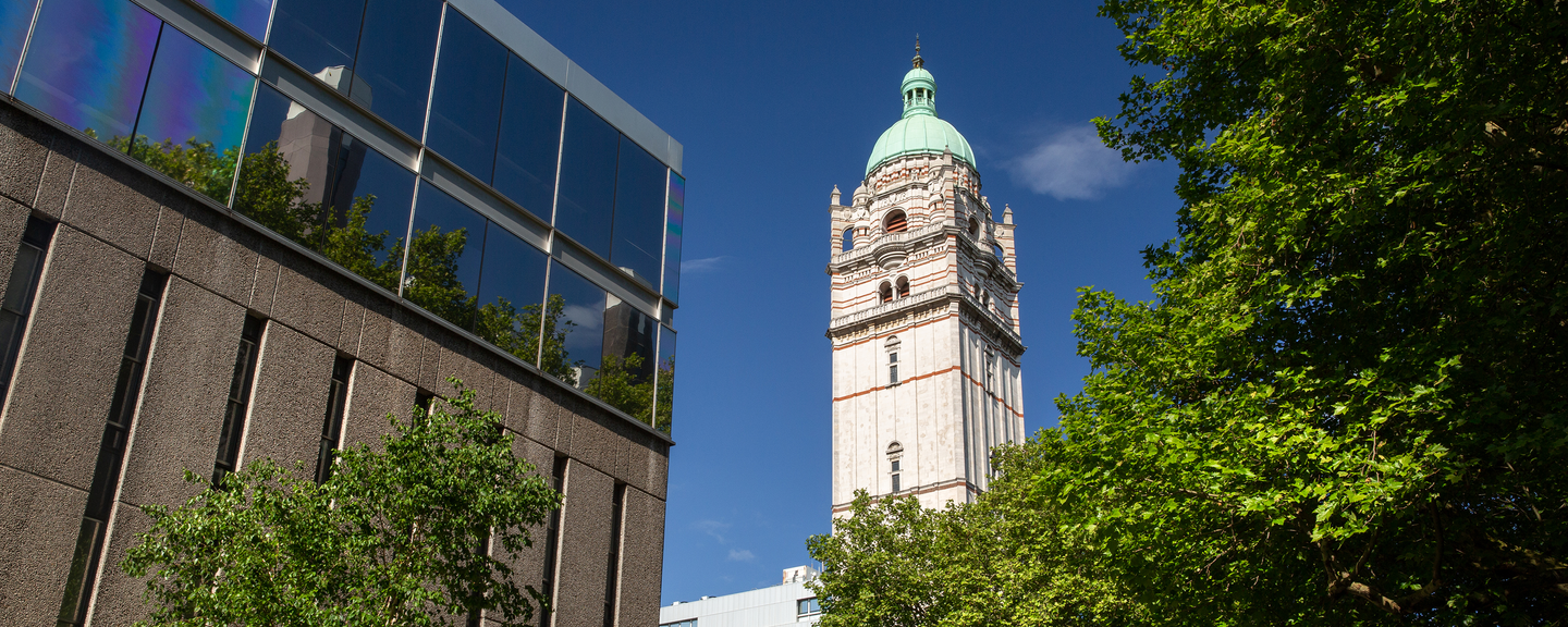 Looking up at the Queen's Tower on a sunny day