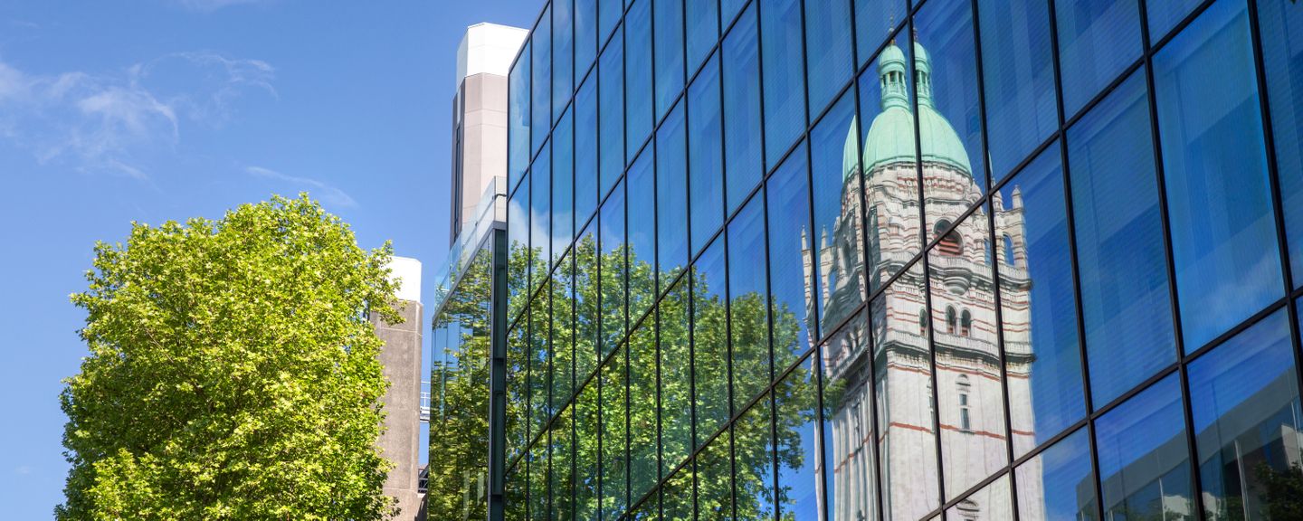 Reflection of the Queen's tower on the South Kensington campus