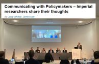 Photo from event, showing panel in person and online and overlaid with article title