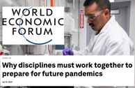 World Economic forum logo and article title overlay a lone scientist working in a lab