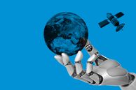 Illustration of robot hand holding a globe