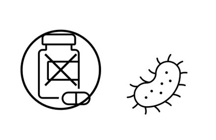 Icons of a medicine bottle (crossed out) and bacterium