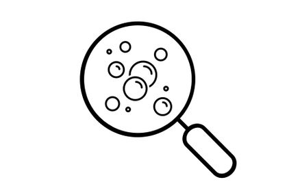 Icon of a magnifying glass looking at particles (nanoparticles)