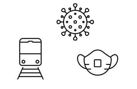 Icons of a tube train, a virus particle, and a mask