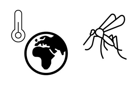 Icons of a thermometer, globe, and mosquito
