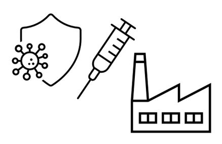 Icons of a shield and virus, syringe and factory