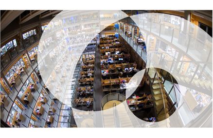 Looking down at the atrium of the Sir Alexander Fleming Building; overlaid with Institute of Infection logo