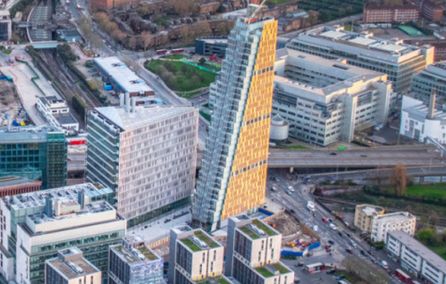 Aerial image of the White City Campus with two buildings